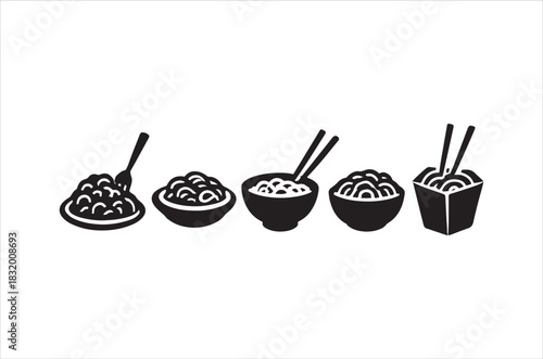 Various asian food dishes in black and white illustrated icons