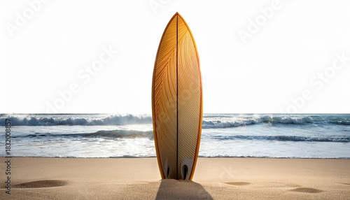 tropical surfboard upright on beach sand isolated on white background