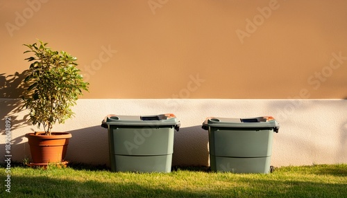 two empty wheeled bins sit on a grassy lawn next to a light colored wall in the warm afternoon sun a potted plant is visible in the foreground
