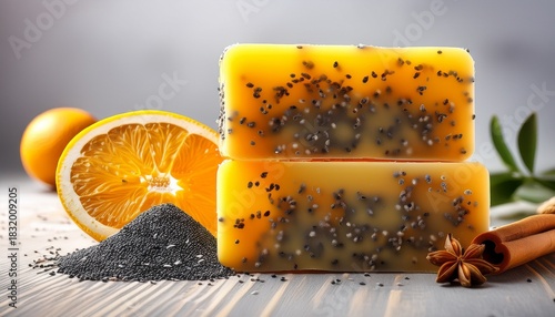 yellow artisanal handmade soap bar with poppy seeds and orange peel natural body care product organic bathroom cosmetic for hygiene
