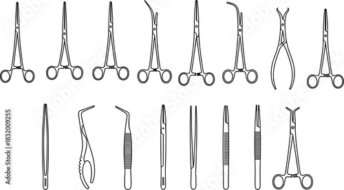 Vector illustration of surgical instruments—medical tool reference for healthcare, surgery, anatomy, clinical training, hospital equipment, and precision procedures