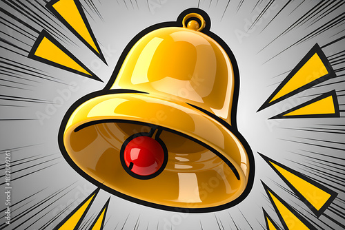 Vibrant golden bell with a striking red clapper emitting sound waves and radiating energy against a dynamic background