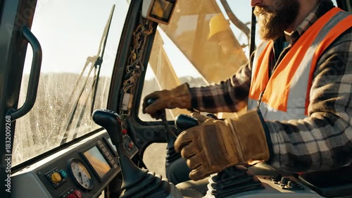 Close-up of a Construction Worker's Hands Operating Excavator Controls in the Cab
