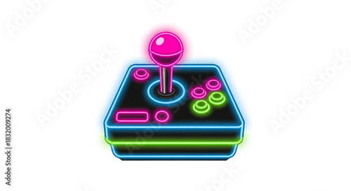 Vibrant neon arcade joystick ready for retro gaming fun and esports action with nostalgic pink and green glowing lights perfect for streamer graphics