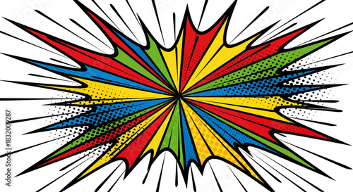 Dynamic comic book explosion with vibrant colors and halftone dots for impactful graphic design projects, adding retro energy and visual excitement now