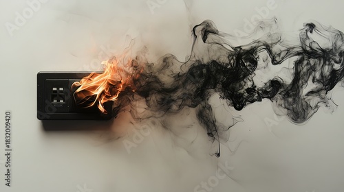 Electrical outlet engulfed in flames with smoke billowing out against a neutral wall creating a dramatic and dangerous scene for safety awareness