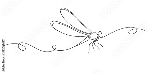 A continuous line art drawing of a flying dragonfly, minimalist insect illustration capturing elegance and movement on a white background. Vector, illustration
