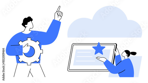 Figures collaborate with a gear and tablet under a cloud, representing digital innovation, teamwork, and technology. Ideal for business, cloud computing, IT, collaboration, teamwork creativity