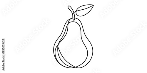 Continuous line art drawing of a pear with a delicate leaf and stem. minimalist fruit illustration, simple elegant black outline on white. Vector, illustration