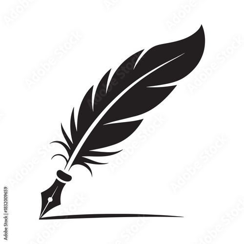 Black silhouette of a quill pen writing on a white background