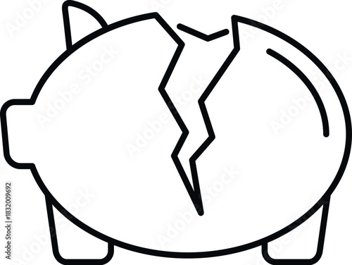 Broken piggy bank illustrating financial problems, bankruptcy, and savings loss icon