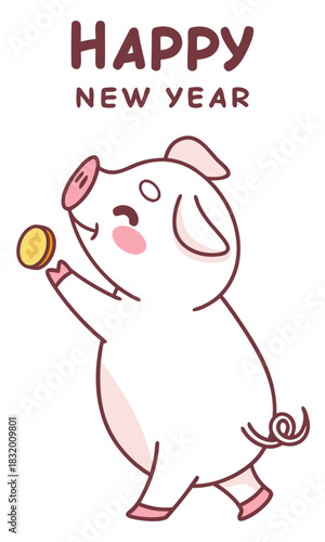 A cute cartoon pig holding a golden coin with "Happy New Year" text, symbolizing good fortune and celebration.