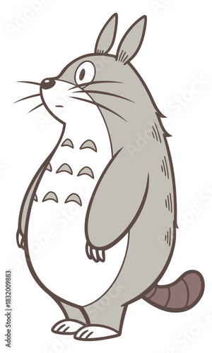 A charming illustration of a grey, furry, rabbit-like creature with pointed ears and a striped tail, standing upright and looking left.