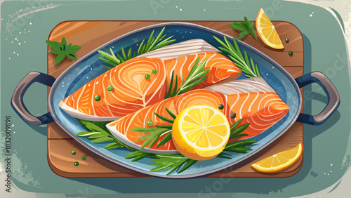 Raw trout or salmon fillet arranged in a metal pan with lemon wedges and rosemary, captured from top view on a stone surface. Bright, clean composition ideal for food photography and recipe visuals