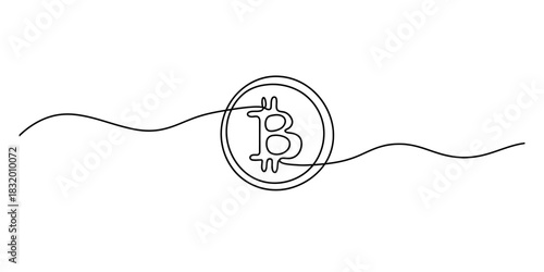 Continuous line drawing of a bitcoin cryptocurrency symbol, representing digital finance, blockchain technology, and global monetary trends. Vector, illustration