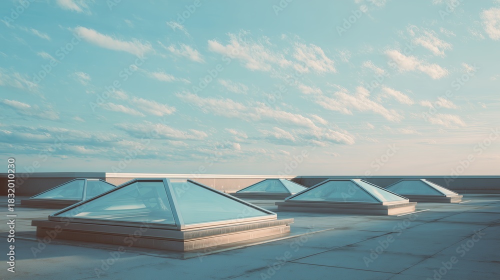 Fototapeta premium Minimalist rooftop design featuring multiple modern skylights with soft morning light