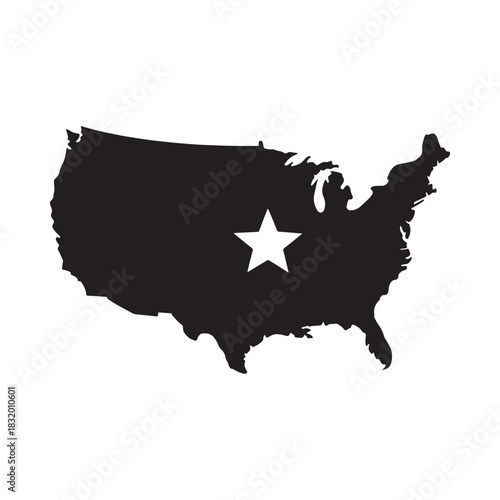 Black silhouette of the united states with a white star in the center