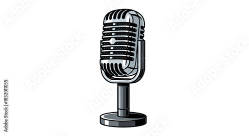 Vintage microphone ready for a podcast or recording session, perfect for music promotions, audio projects, or broadcasting designs, isolated on white