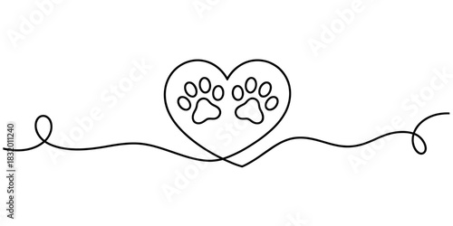 Continuous line drawing artwork featuring a heart with two adorable paw prints inside, symbolizing deep pet love and animal companionship. Vector, illustration