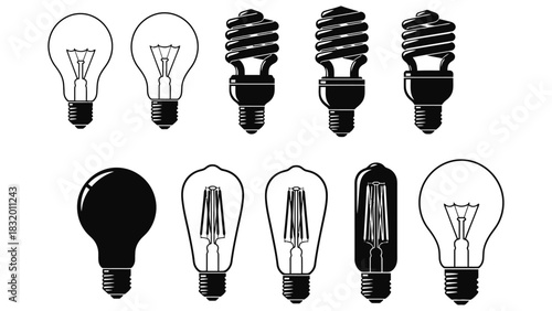 Collection of different types of light bulbs in black and white style