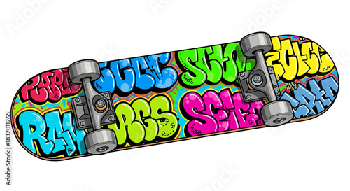 Radical skateboard with vibrant graffiti art ready for edgy streetwear designs or youth-focused marketing campaigns, perfect for dynamic visuals
