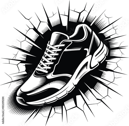 Explosive Sports Sneaker Cracked Wall Illustration Vector.