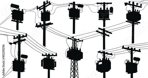 Vector illustration of utility poles with transformers and wires—electrical infrastructure reference for power distribution, engineering, planning, education, and grid systems