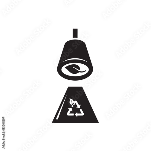 Recycling Symbol with Leaf in Bell Funnel, Modern Clean Conceptual Black and White Flat Vector Icon Graphic Illustration for Environmental Protection and Sustainable Waste Management.