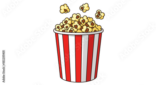 Enjoy delicious popcorn in a classic red and white striped bucket, perfect for movie nights, carnivals, and fun events - a delightful treat!
