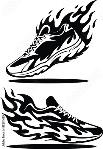 Flaming Sneakers Vector Illustration, Fast Running Shoe Art.