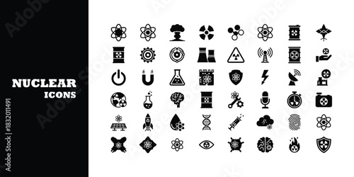 Collection of black nuclear and science icons on white background atom radiation