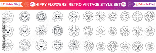 Groovy hippy daisy flowers set. hand drawn decorative elements. Retro vintage style, flower icon, flat colors, Flat cartoon, Vector illustration.