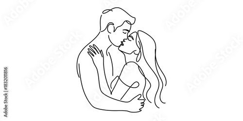 A minimal line art illustration depicting a loving couple sharing an intimate kiss, symbolizing romance, affection, and emotional connection. Vector, illustration
