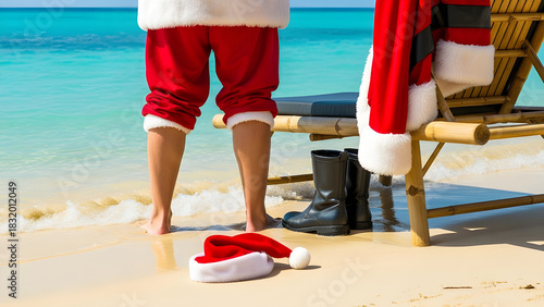 Relaxed scene of Santa taking a break after delivering presents.