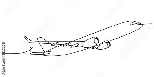 Continuous line drawing of an airplane taking off, symbolizing travel, ambition, freedom, and global connection. minimalist vector art Vector, illustration