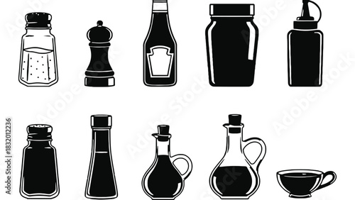Illustration of various kitchen condiments and containers in black and white
