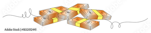 Continuous line art of a stack of gold dollar bills. Investment, success and achievement concept. Banking concept. Salary. Vector illustration with beautiful colors.