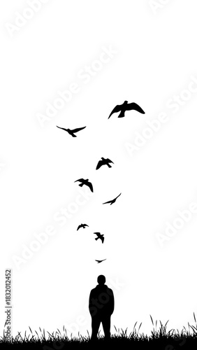 Silhouette illustration of man looking up at flock of birds flying away concept of freedom leaving childhood hope new beginnings overcoming obstacles and inspiration in white