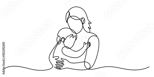 Continuous line drawing of a mother embracing her child, symbolizing family bond, love, care, protection, and emotional support. minimalist art. Vector, illustration
