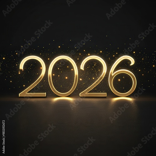 2026 metallic gold numbers on matte black background with soft glow