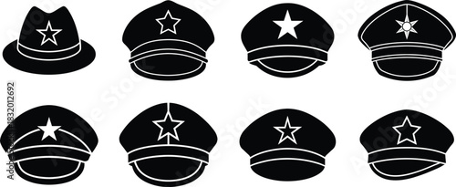Military and Police Cap Vector Icons Set: Officer Headwear Collection