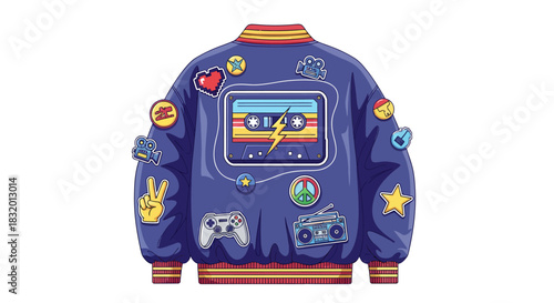 Vintage vibes burst from this rad 80s style jacket with retro cassette tape, boombox, and gaming icons for a bold statement piece full of nostalgia