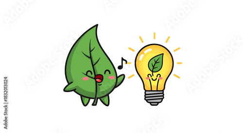 Animated leaf serenading a glowing light bulb promoting ecological innovation ideas