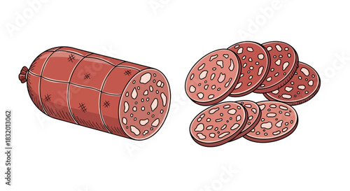 Appetizing Sausage Delight: Hand-Drawn Illustration of Classic Cold Cut Preparedness for