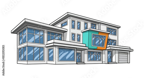 Architectural visualization of a modern home design with large windows and geometric forms