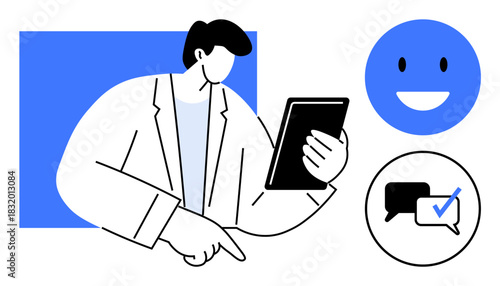 Person interacting with a digital tablet, accompanied by speech bubbles and smiling face. Ideal for communication, technology, business interaction, digital tools, social media, customer service