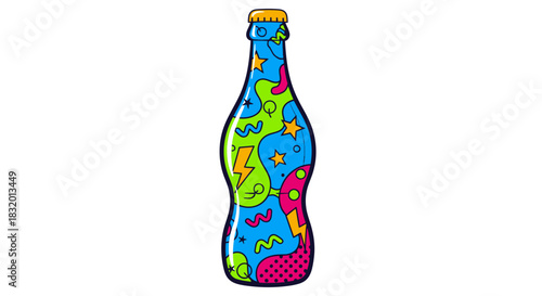 Vibrant soda bottle with funky patterns for youthful brand, bright energy drink label, pop art style, fun beverage design, playful drink concept