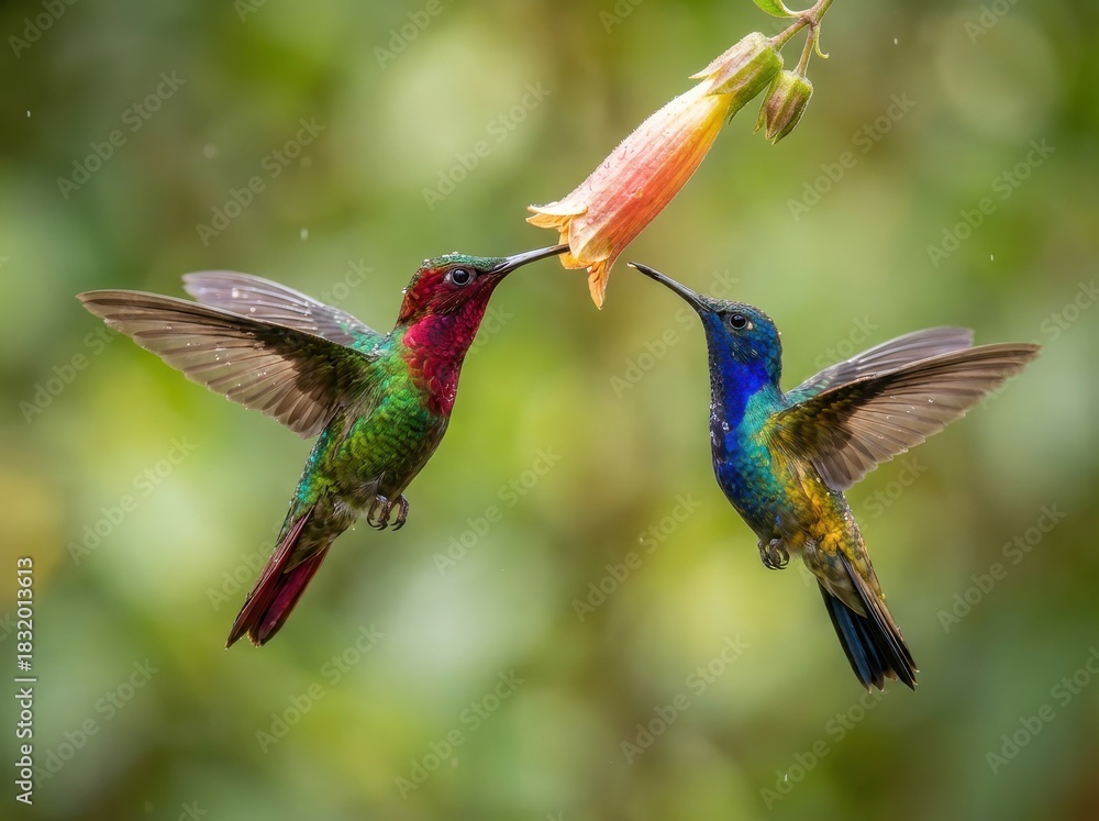 Fototapeta premium Two vibrant hummingbirds with iridescent plumage feeding from a delicate flower, wings spread.