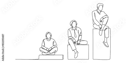 Continuous line art of three people sitting on ascending platforms, illustrating career development, progression, and achievement. Vector, illustration