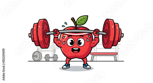 Cartoon apple character weightlifting in the gym promoting fitness and health